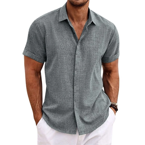Camicia da Uomo Casual in Misto Cotone Texture Lino Manica Corta Revers Tinta Unita Business Smart Casual Traspirante Top Estivo