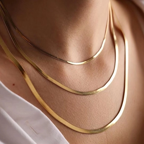 Women Vintage Alloy Herringbone Snake Chain Necklace Gold Silver Color Minimalist Flat Metal Choker Necklaces For Jewelry Gift