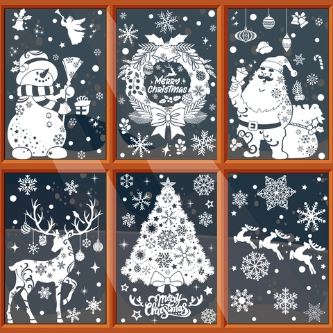 Stickers Fenêtre Noël PVC Statique Autocollants Renne Bonhomme De Neige Flocon Double Face Réutilisable Vitre Décoration Maison