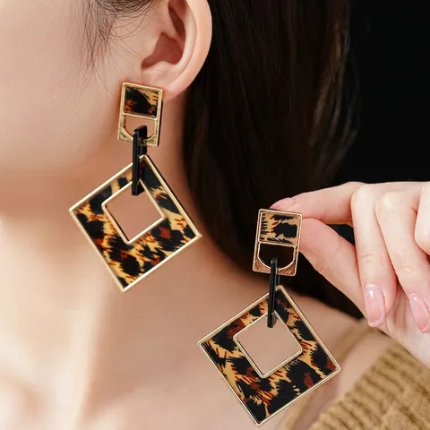 Pendientes Colgantes Geométricos Rombo Estampado Leopardo Aleación Acrílico Joyería Estilo Retro Con Silver Earring Post