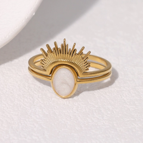 Sonnenstrahl Sternschliff Offener Ring Edelstahl 18K Vergoldet Vintage Böhmisch Oval Emaille Verstellbarer Schmuck Damen