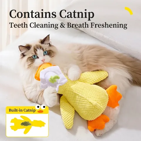 Duck Shaped Cat Plush Toy With Catnip And Crinkle Paper Squeaky Bite Resistant Teeth Cleaning Pet Interactive Novelty