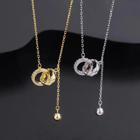 Fashion Stainless Steel Rhinestone Interlocking Rings Pendant Necklace Light Luxury Quilted Design Tassel Chain Necklace Women Jewelry
