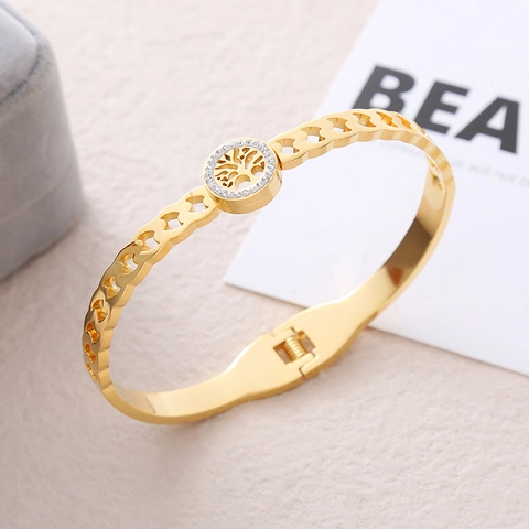 Brazalete Árbol De Vida Acero Inoxidable Corazón Hueco Incrustación Diamantes Imitación Apertura Resorte Mujer