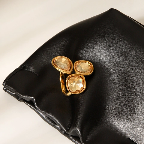 Dames Cluster Ring 18K Verguld Roestvrij Staal Champagne Glas Edelsteen Druppel Ovaal Geometrisch Open Sieraden