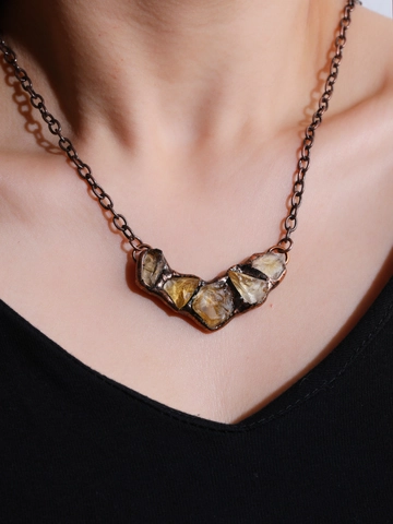 Vintage Pendant Necklace Handmade Copper Natural Raw Amethyst Citrine Crystal Irregular Geometric Bohemian Ethnic For Women