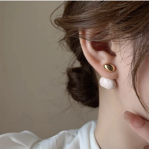 Französische Retro Creme Bohnen Ohrstecker Abnehmbar Kupfer Vergoldet Marmortextur Harz Elegante Schmuck Frauen