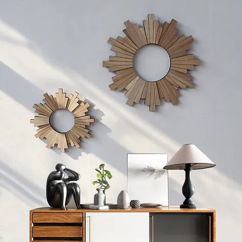 Espejo De Pared Solar Decoración Colgante Madera Y Paja Tejida Diseño Radial Geométrico Estilo Bohemio Nórdico Para Sala