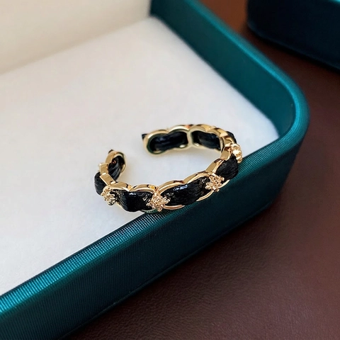 Open Ring Gold Plated Copper With Woven Leather And Zircon Star Accents French Elegant Minimalist Jewelry For Women