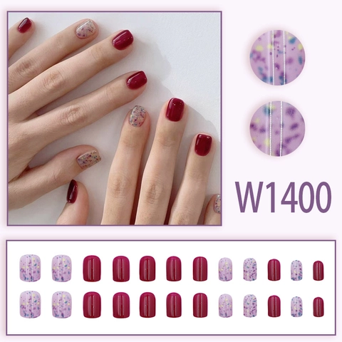 Wine Red Glossy Press On Nails Short Round Artificial Nails With Glitter Decorative Glue On Nails For Women