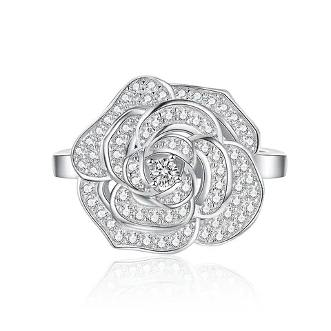 S925 Sterling Silver Camellia Flower Ring For Women Vintage Luxurious Rhinestone Inlaid Rose Flower Elegant Jewelry Ring Finger Ornament