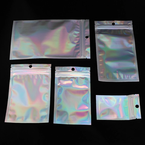 Holographic Laser Resealable Ziplock Bags PET Plastic Iridescent Packaging Pouch With Hanging Hole For Jewelry DIY Craft