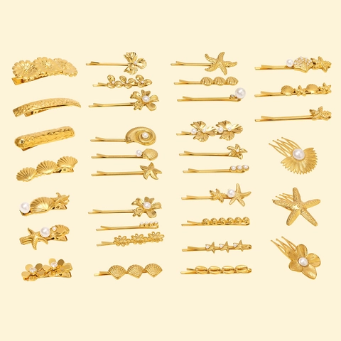 Pinzas Para El Cabello De Acero Inoxidable Chapado En Oro De 18K Concha Estrella De Mar Perla Artificial Horquillas Impermeables Para Mujer