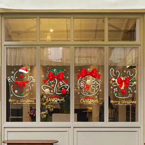 Christmas Window Clings PVC Static Cling Reindeer Snowman Bell Decals For Shop Glass Door Home Holiday Decor