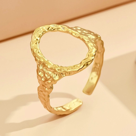 Irregular Geometric Oval Hollow Ring Hammered Texture Stainless Steel Vacuum Gold Plated Adjustable Open Ring For Women