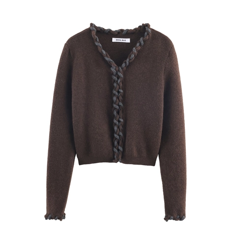 Cardigan In Maglia Donna Scollo A V Bordo Intrecciato Manica Lunga Casual Marrone Poliestere Spandex