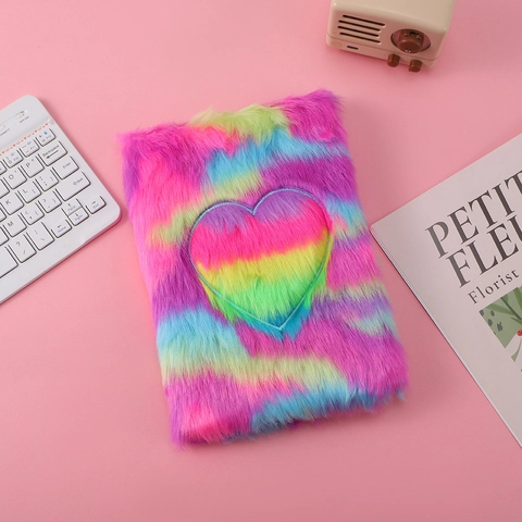 Pluche Notitieboek Dagboek Schattig Kattengezicht Regenboog Hart Pailletten Love Kunstbont Cover Voor Kinderen Meisjes