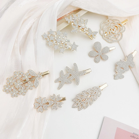 Rhinestone Haarclips Goud Metaal Glinsterende Bloem Vlinder Haarspelden Eendenbek Clips Voor Vrouwen Meisjes