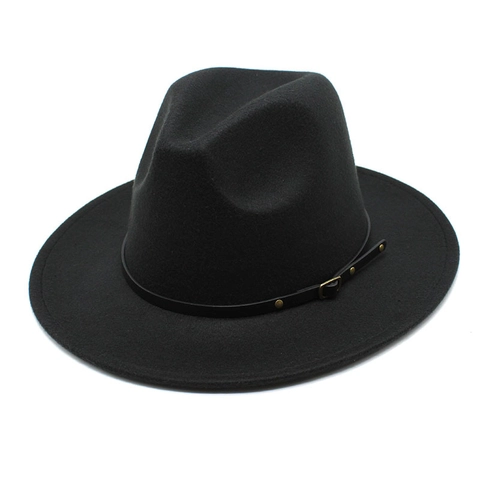 Fedora Hat Polyester Felt Wide Flat Brim Decorative Leather Belt Metal Buckle Retro British Style For Women Men