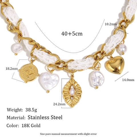 Collana Bohémien Con Pizzo Bianco Intrecciato Acciaio Inossidabile Placcato Oro 18K Perla Artificial Barocca Cuore Ciondolo Occhio Malvagio Vintage Donne