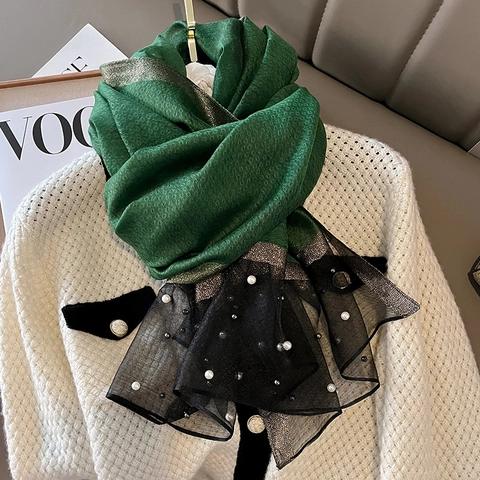 Elegante Bufanda Satén Sintética Mujer Adornos Perlas Artificiales Rayas Brillantes Ligero Suave Envoltura Accesorio Pashmina Moda