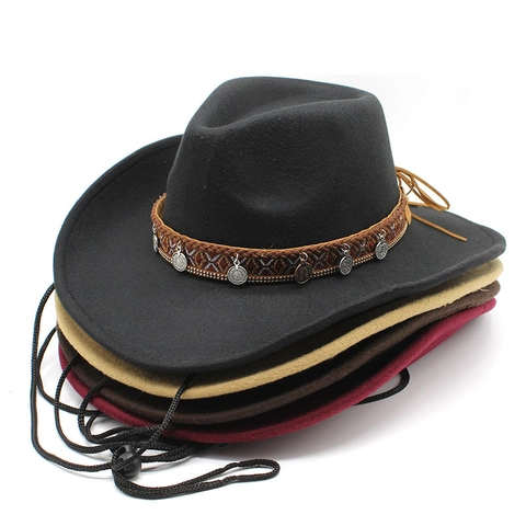 Western Cowboy Hat Felt Wool Vintage Wide Brim With Ethnic Band Metal Charms Adjustable Wind Cord Outdoor Travel Style