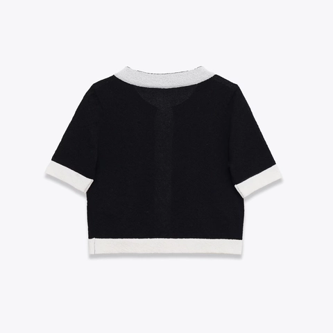 Cárdigan De Punto De Manga Corta Para Mujer Color Contrastado Estilo Tweed Botones Dorados Cuello Redondo Ajustado
