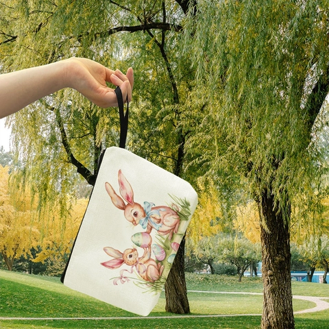 Kosmetikbeutel Leinen Ostern Hase Ei Bedruckt Make-up Tasche Reißverschluss Tragbar Reise Kulturbeutel Für Frauen Mädchen