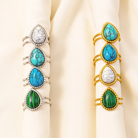 Vintage Stainless Steel Adjustable Open Ring For Women Men Geometric Teardrop Imitation Turquoise Inlaid Niche Design Finger Jewelry
