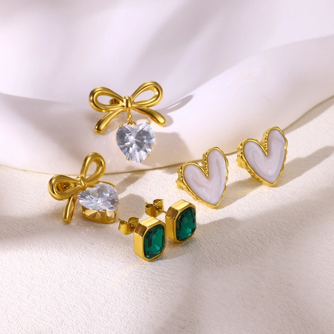 Edelstahl Herz Schleife Zirkonia Ohrstecker Für Damen Frisch Süß Vergoldete Geometrische Ohrringe Schmuck Geschenk
