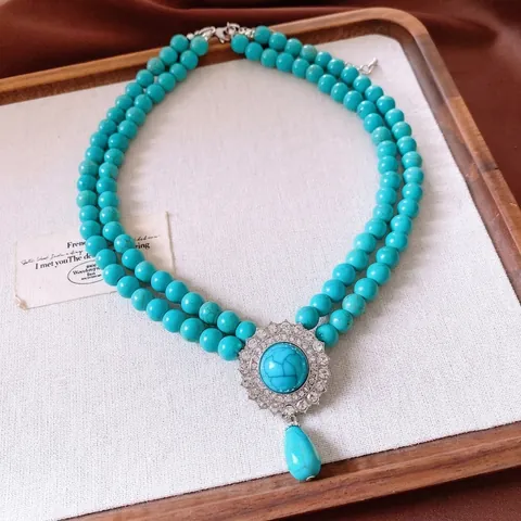 Gioielli Vintage Collana E Orecchini In Lega A Doppio Strato Con Künstliche Perle Di Turchese Artificiale Pendente A Goccia Strass Donna