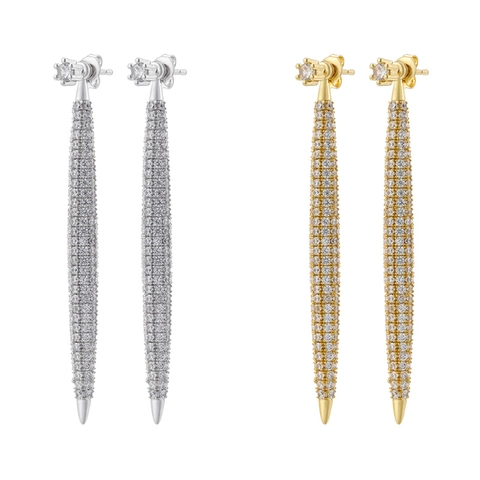 Orecchini a Bottone Lunghi Conici in Rame Placcato Oro 18K Per Donna Intarsiati in Zirconia Completa Gioielli Moda Hip Hop