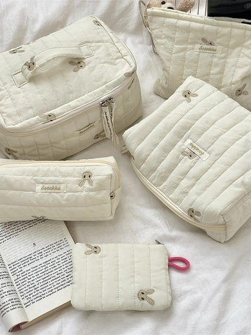 Quilted Cosmetic Bag Rabbit Embroidery Soft Cotton Storage Pouch For Travel Makeup Stationery Kawaii Cream White Zippered