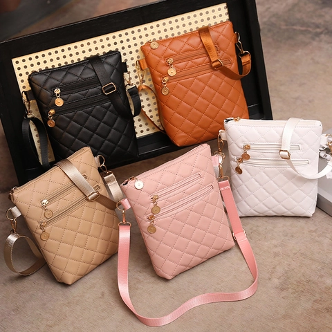 Quilted PU Leather Crossbody Bag Women Multi Zipper Pocket Small Shoulder Phone Pouch With Adjustable Fabric Strap