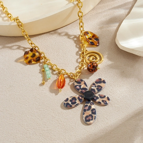 Collana Con Pendente A Fiore Vintage Acciaio Inossidabile Stampa Leopardata Petalo Acrilico Perline Resina Gioielli Donna