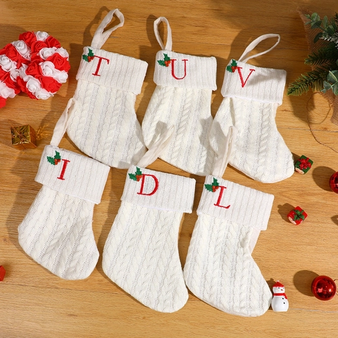 White Knitted Christmas Stocking With Red Embroidered Letter Holly Berries Decor For Xmas Holiday Tree Ornament Gift Bag