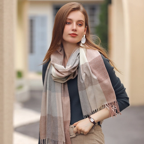 Women Plaid Scarf Shawl Cashmere-Like Polyester Color Block Long Large Thick Warm Winter Neck Wrap Elegant Fringe