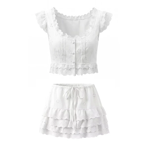 Katoenen Borduurwerk Crop Top Met Ruches En Gelaagde Minirok Dames Boho Zomer Casual Vintage Wit