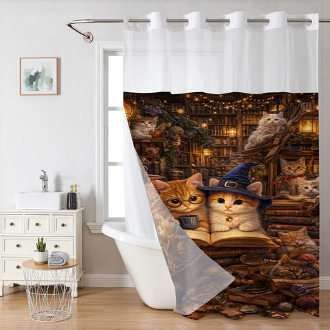 Polyester Shower Curtain Hookless With Detachable Snap In Liner Waterproof Magnetic Bottom Artistic Library Cat Floral