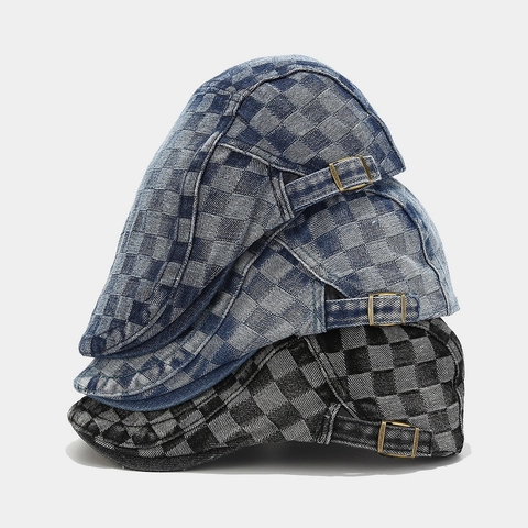 Coppia Piatta In Denim Lavato Vintage A Scacchi Berretto In Cotone Regolabile Cappello Newsboy Per Uomo Donna