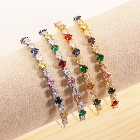 Bracciale Rigido In Rame Zirconia Colorata Pietre Arcobaleno Marquise Quadrato Regolabile Gioielli Eleganti