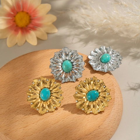Sunburst Turquoise Flower Earrings Stainless Steel Rhinestone Vintage Bohemian Studs For Women Waterproof Hypoallergenic