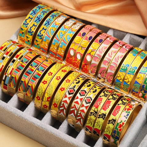 Vintage Edelstahl Emaille Armreif Für Damen 18K Vergoldet Bunt Bemalt Geometrisch Blumenmuster Mode Schmuck