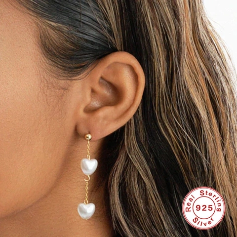 Eleganti Orecchini a Pendente in Argento Sterling 925 con Perle Artificiali per Donna Placcati in Oro Cuore Geometrico Gioielli