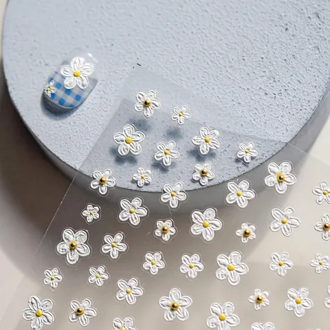 Stickers Nail Art Relief 3D Motifs Floraux Muguet Marguerite Strass Cristal Auto-Adhésifs Élégant Décoration Manucure