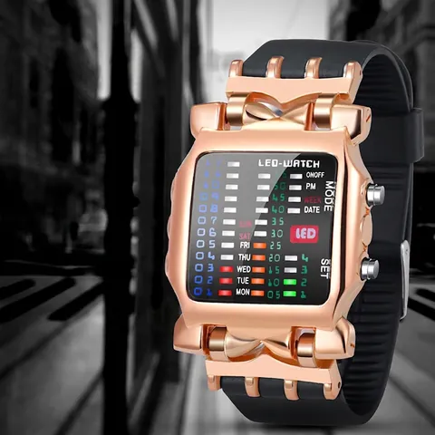 Binary LED Watch Matrix Digital Display Alloy Case PU Strap Fashion Cyberpunk Unisex Electronic Time Date