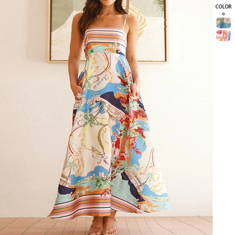 Spaghetti Strap Maxi Jurk Polyester Abstracte Kaart Print Hoge Taille Met Zakken Vakantie Zomer Voor Dames Elegant
