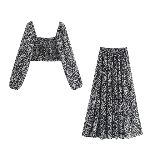 Chiffon Smocked Crop-Top Und A-Linien-Maxirock Lange Laternenärmel Blumenmuster Eckiger Ausschnitt Vintage
