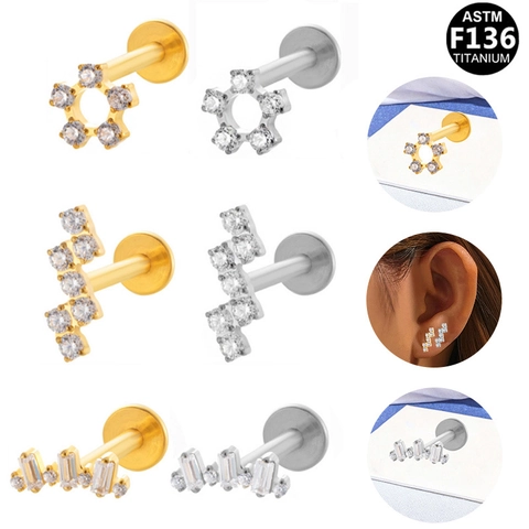 ASTM F136 Titanium Labret Lip Stud Cartilage Earring Internal Thread Zircon Body Piercing Jewelry For Women Men