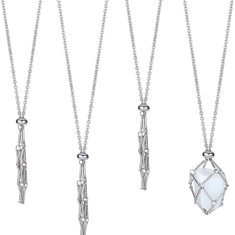 Interchangeable Raw Stone Cage Necklace Metal Mesh Pouch Pendant Adjustable Bamboo Chain DIY Jewelry For Women Men